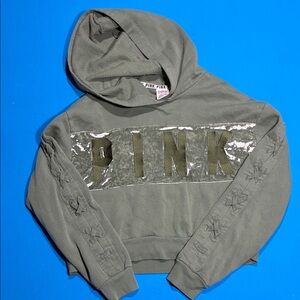 Victoria's Secret PINK Green Cropped Hoodie With Velour Details & Cute Sleeves